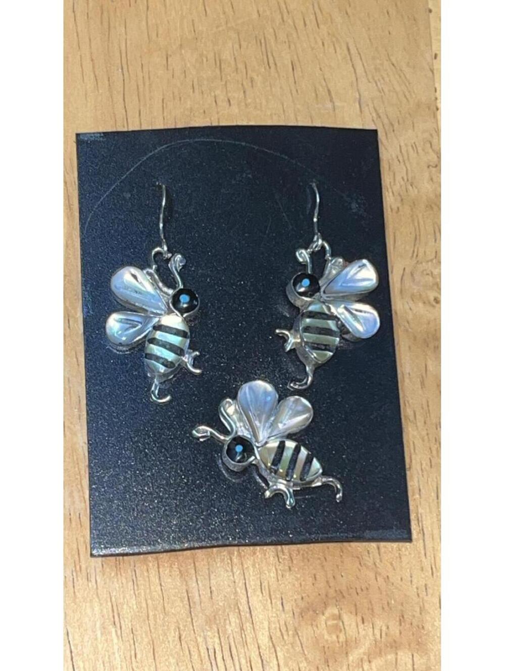 Zuni sterling silver mother of pearl turquoise inlay traditional bee earrings